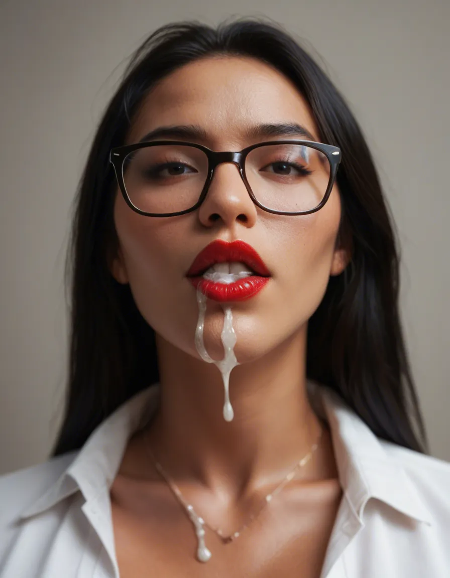 Sloppy red lipstick blowjob cum dripping . Asian 18 year old teacher black hair red lips and wearing glasses, score_9, score_8, candid photo, realistic skin texture, visible skin pores, film grain, depth of field