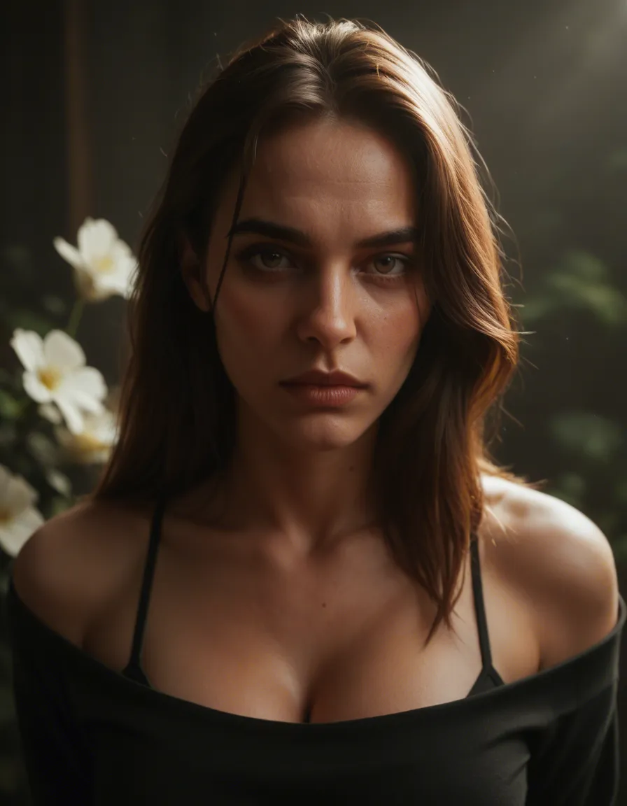 dslr, film grain, photorealistic, male focus, flower, futanari, cool tones, film photography, score_9, score_8, cinematic film still, anamorphic, film grain, dramatic lighting, shallow depth of field
