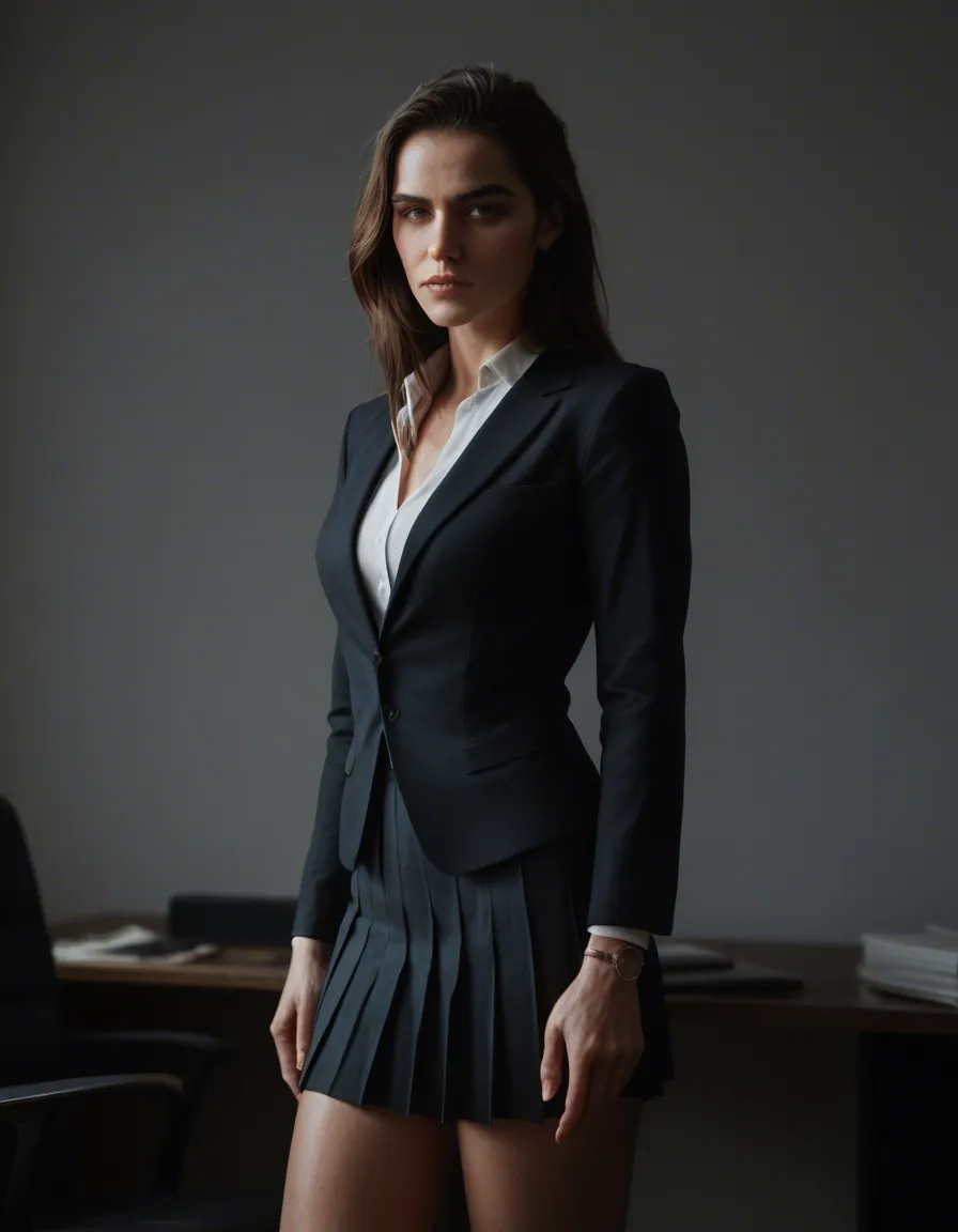 dslr, film grain, photorealistic, office lady, pleated skirt, presenting, dramatic lighting, lifelike render, score_9, score_8, candid photo, realistic skin texture, visible skin pores, film grain, depth of field