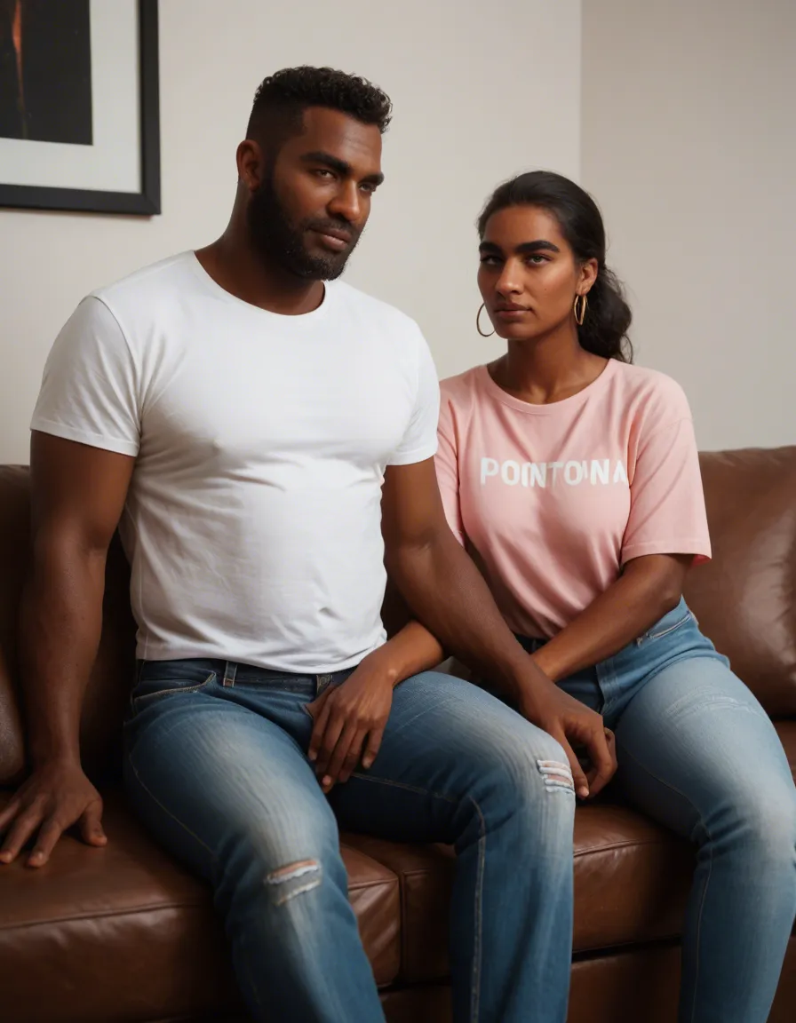 A South Indian dark skinned aunty of age 45 wearing a white cotton saree with a pink cotton blouse and showing her boobs to a grown up bearded man of age 24 wearing a t-shirt and jeans and both are sitting on the sofa in a middle class Tamil home and provide the subtitles what they are talking in english at below of the image, score_9, score_8, candid photo, realistic skin texture, visible skin pores, film grain, depth of field