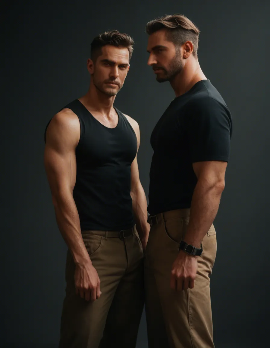 studio quality, sharp focus, 2boys, pants, bondage, rim light, film photography, score_9, score_8, candid photo, realistic skin texture, visible skin pores, film grain, depth of field