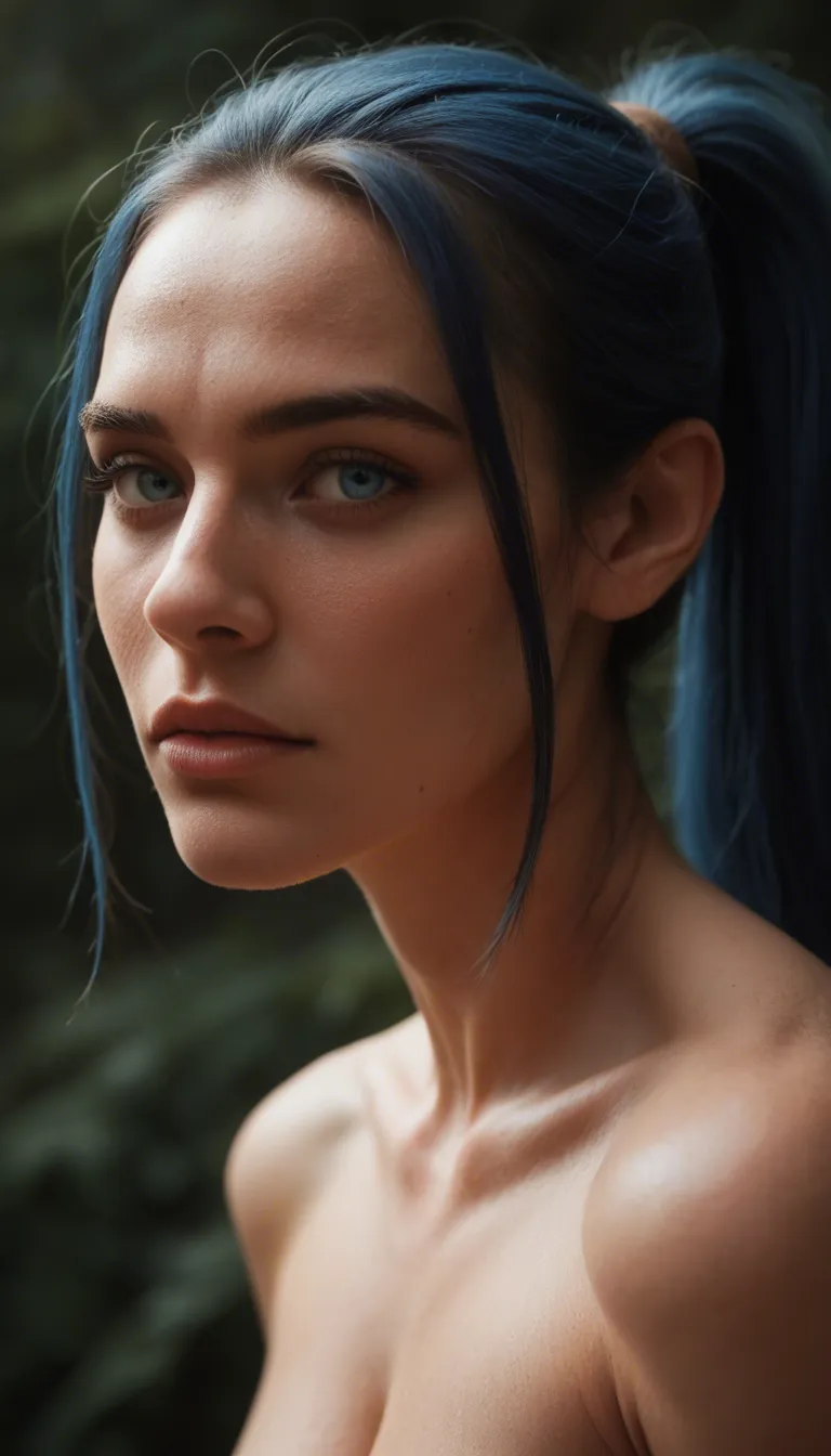 A portrait of a cute nude woman with big expressive dark-blue eyes, a snub nose and dark-blue hair that are tied to a ponytail. She is pessing her face against a glass wall of a shower cabin, touching the glass with her lips and with the tip of her nose that is bent upwards. Inside her mouth there is a huge black dildo that she takes inside her mouth and down her throat. That dildo is inserted to its base, visibly bulging her cheeks and throat. She holds her hands behind her head as if she tries to push herself even more against the glass.