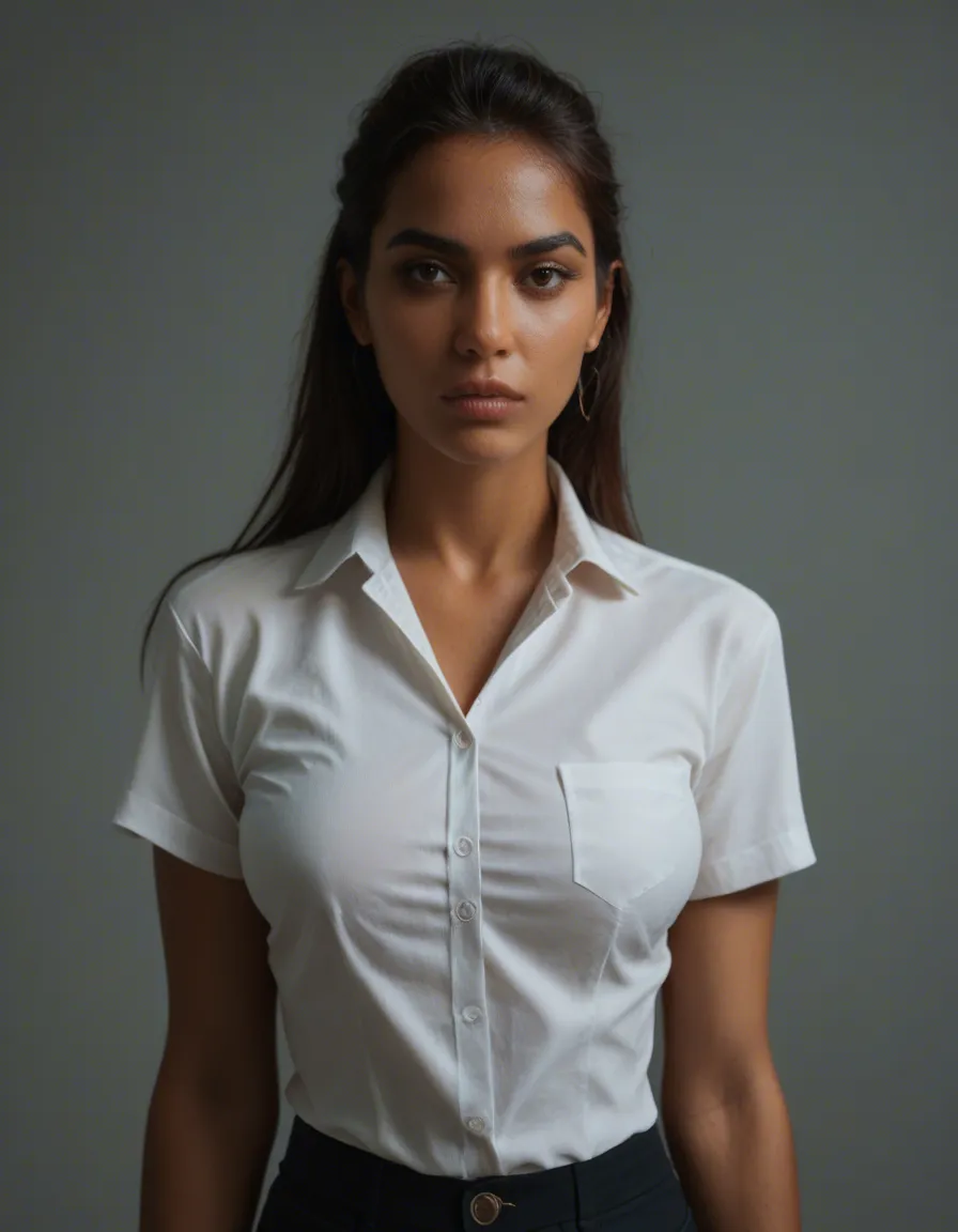 Latina teacher wearing white button shirt pops open cuz of tits, score_9, score_8, candid photo, realistic skin texture, visible skin pores, film grain, depth of field
