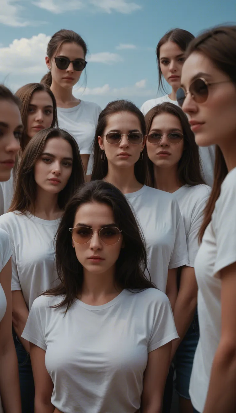 best quality, hyperrealistic, 6+girls, sunglasses, white shirt, bondage, blue sky, medium shot, cinematic realism