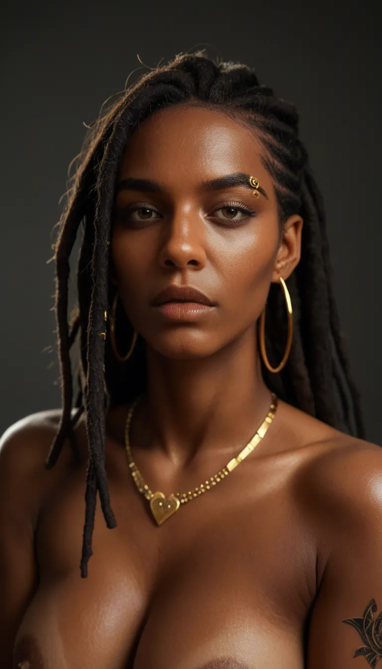 photorealistic video of a black woman with shoulder length dreadlocks big gold hoop earings. A gold septum piercing, gold eyebrow ring.a small heart tattoo on her cheek under her right eye.intense light amber gold eyes.and full luscious lips with dark lipstick and shiny lipgloss.shes is completely nude and has a toned stomach. She is wearing converse style sneaker high heel stilettos. It is a full body image of her posed agaisnt the back of a store at mid-day time she is twerking her big ass