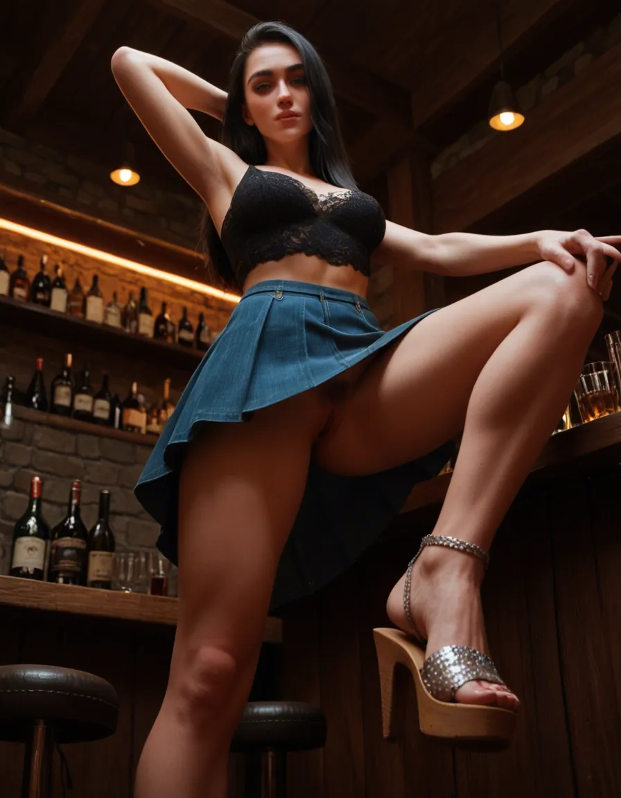 Slim woman long black hair, smaĺl heart shaped face, large blue eyes, wide cheekbones, small mouth, head tilted. In bar, dancing, upskirt, silver lace sandals, from_below, no panties, female_pubic_hair , blouse and miniskirt, hairy vagina, score_9, score_8, candid photo, realistic skin texture, visible skin pores, film grain, depth of field