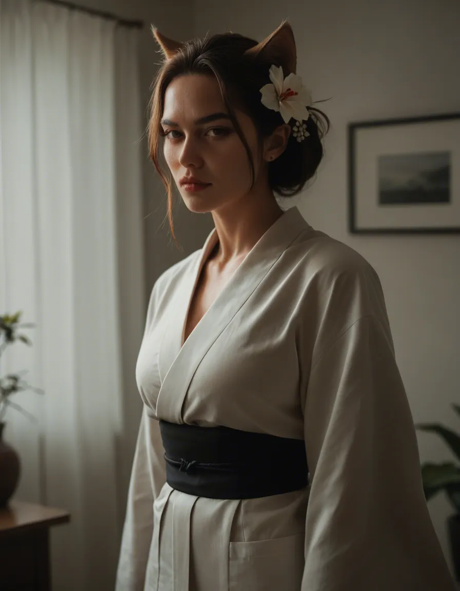 professional photo, high detail, catgirl, hair flower, japanese clothes, futanari, film photography, score_9, score_8, candid photo, realistic skin texture, visible skin pores, film grain, depth of field