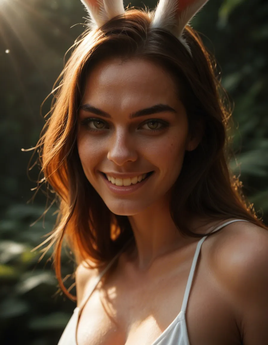 highly detailed, natural lighting, bunny girl, futanari, petite adult woman, sunlight, teasing grin, 8k uhd photo, score_9, score_8, candid photo, realistic skin texture, visible skin pores, film grain, depth of field
