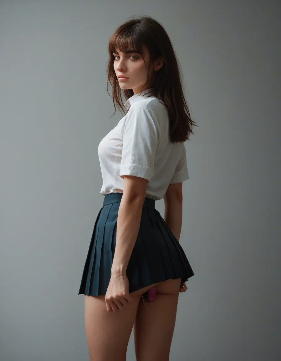 Brunette with bangs in pleated skirt slowly lifting skirt to reveal her panties and panty vibrator, score_9, score_8, candid photo, realistic skin texture, visible skin pores, film grain, depth of field