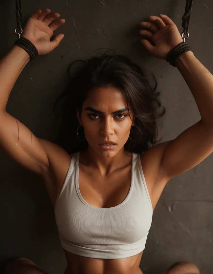 ultra HD, lifelike, 1women, scar, sleeveless, bondage, from above, soft lighting, cinematic realism, indian_style, 2 man fucking, score_9, score_8, candid photo, realistic skin texture, visible skin pores, film grain, depth of field