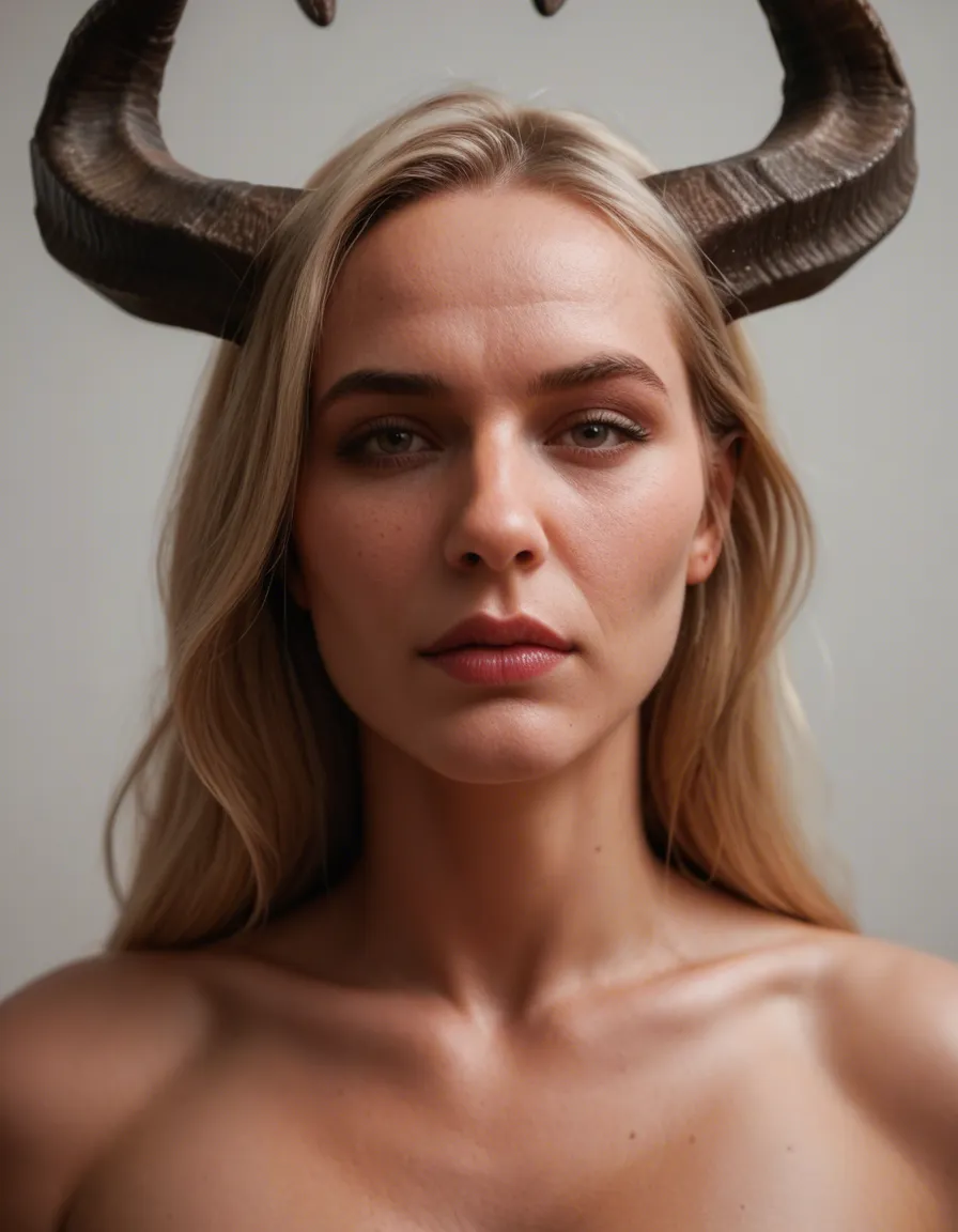 RAW photo, ultra realistic, mature female, horns, presenting, ambient glow, dslr quality, score_9, score_8, candid photo, realistic skin texture, visible skin pores, film grain, depth of field