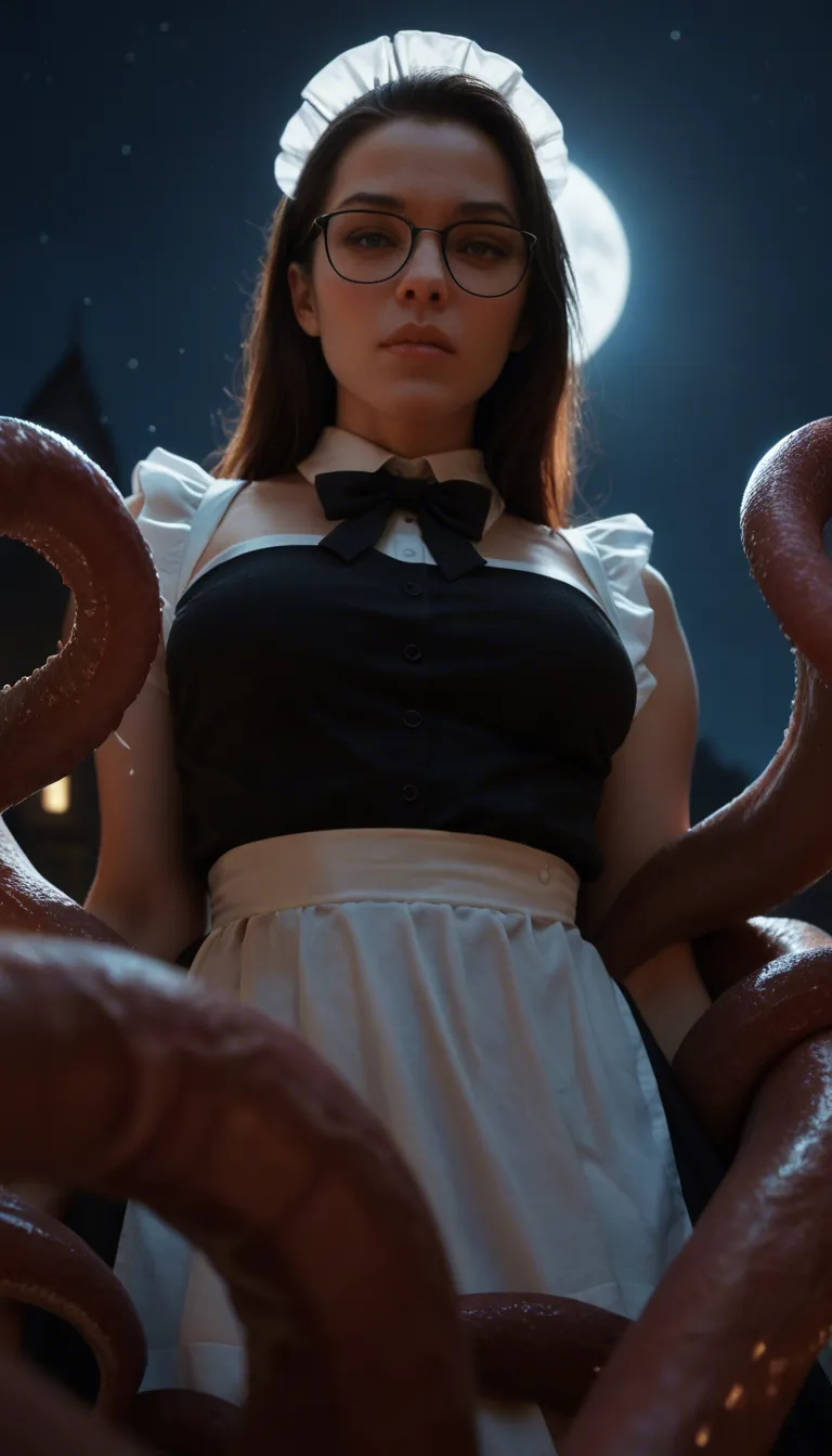 8k, sharp focus, detailed skin, maid, glasses, bow, tentacle, night, low angle, backlit, photorealistic
