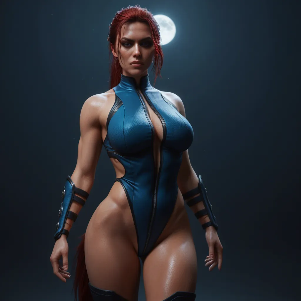 Anime mortal kombat big breasts wide hips Scarlett blue eyes light skin red hair long pony tail Revealing ninja outfit in a room at night low lighting full moon