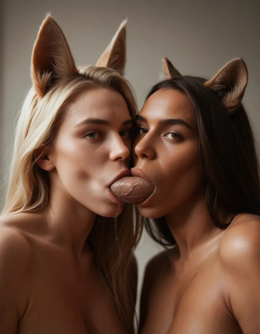 best quality, hyperrealistic, dutch angle, 2women, blowjob, animal ears, natural skin texture, score_9, score_8, candid photo, realistic skin texture, visible skin pores, film grain, depth of field