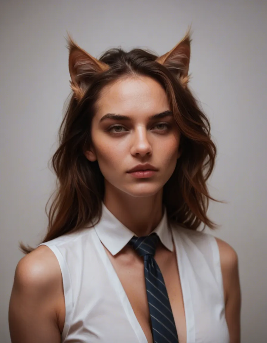 best quality, hyperrealistic, catgirl, floating hair, necktie, fully nude, photorealistic, score_9, score_8, candid photo, realistic skin texture, visible skin pores, film grain, depth of field