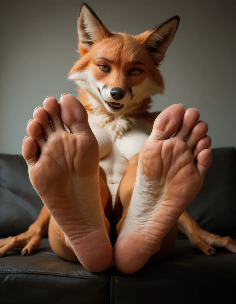 furry fox presenting stinky soles aswell as spreading toes while sitting, score_9, score_8, candid photo, realistic skin texture, visible skin pores, film grain, depth of field