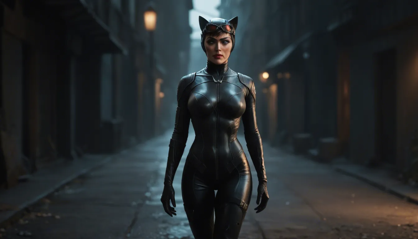 catwoman, walking slowly, her large breasts jiggling