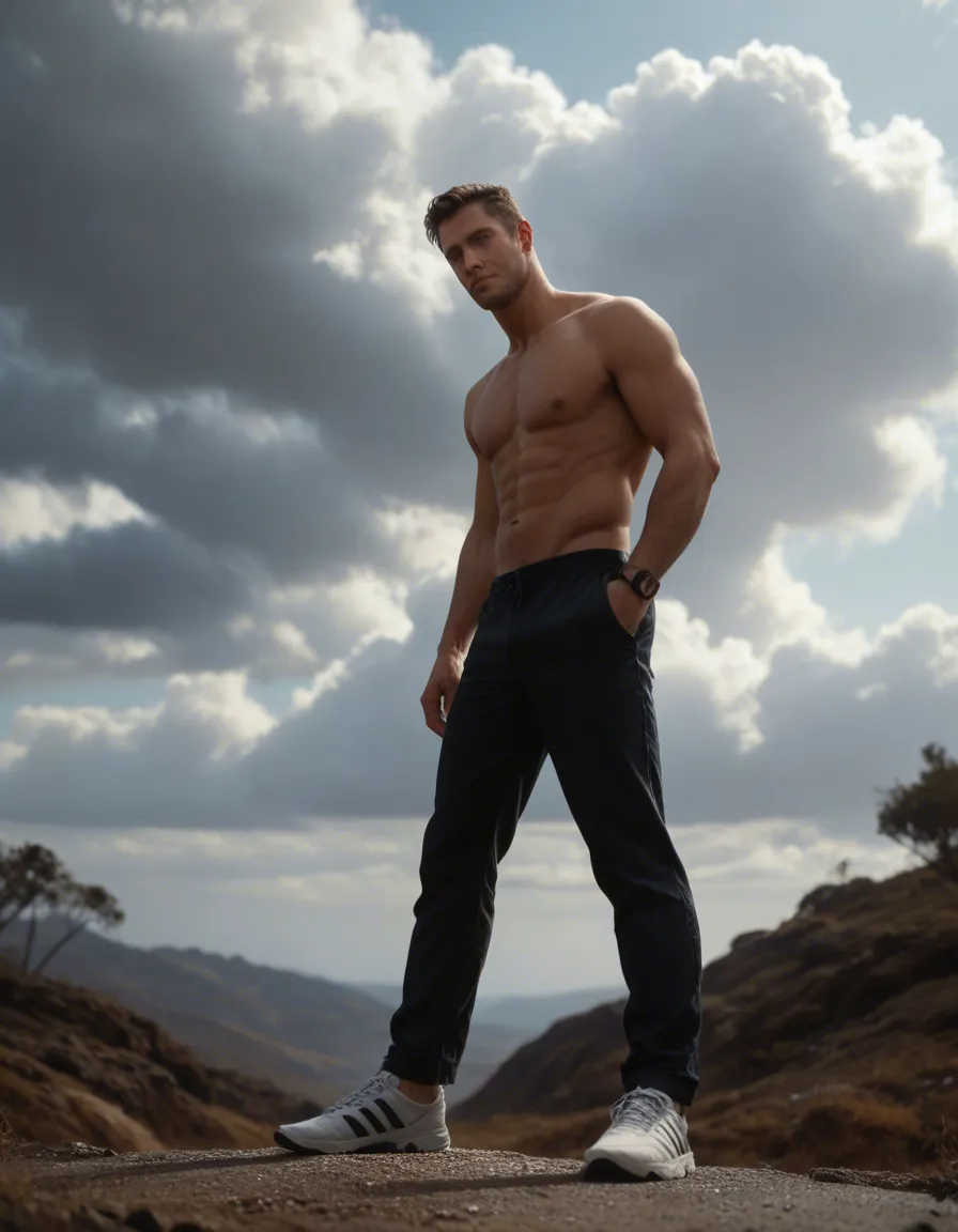 ultra HD, lifelike, male focus, standing, shoes, fully nude, cloud, low angle, golden hour, photorealistic, score_9, score_8, candid photo, realistic skin texture, visible skin pores, film grain, depth of field