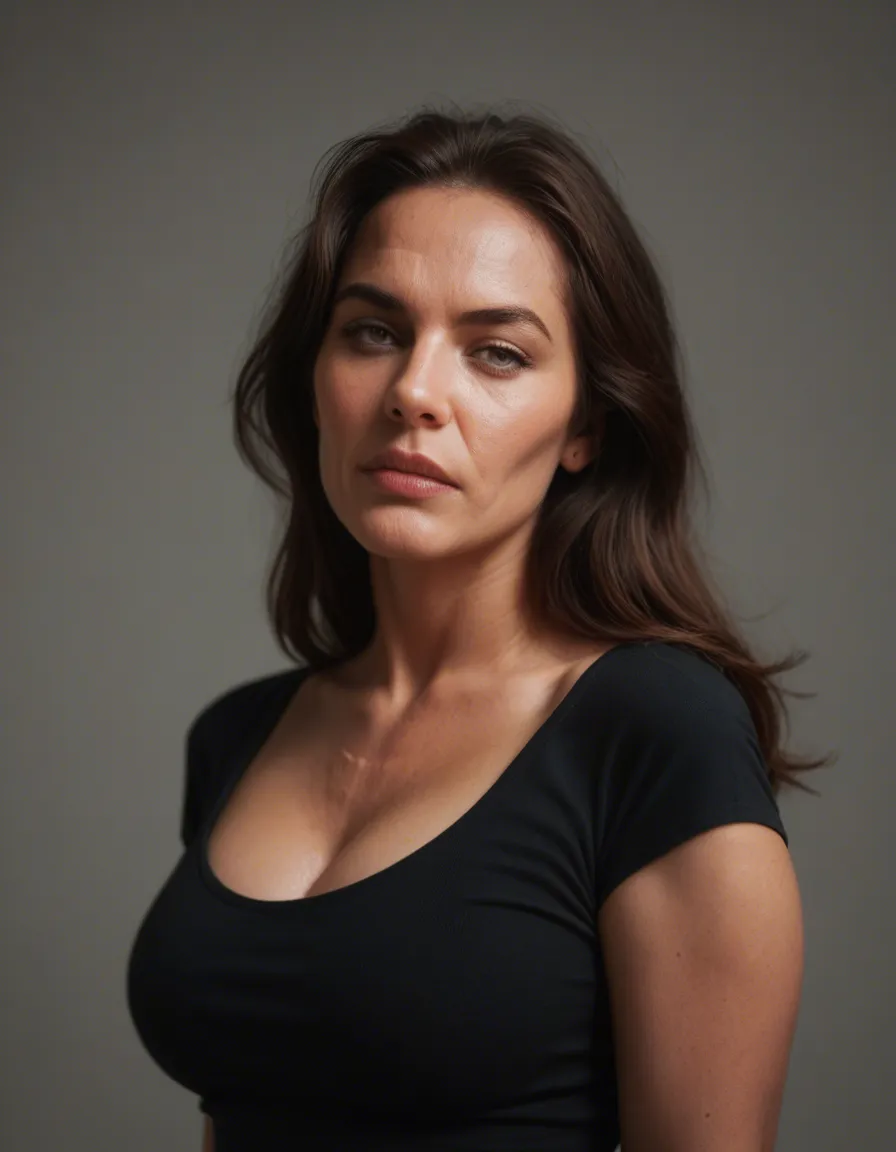 Brunette milf with big tits, score_9, score_8, candid photo, realistic skin texture, visible skin pores, film grain, depth of field