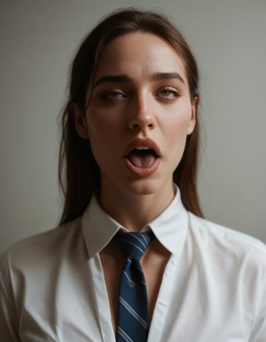 dslr, film grain, photorealistic, solo female, necktie, ahegao, film photography, score_9, score_8, candid photo, realistic skin texture, visible skin pores, film grain, depth of field