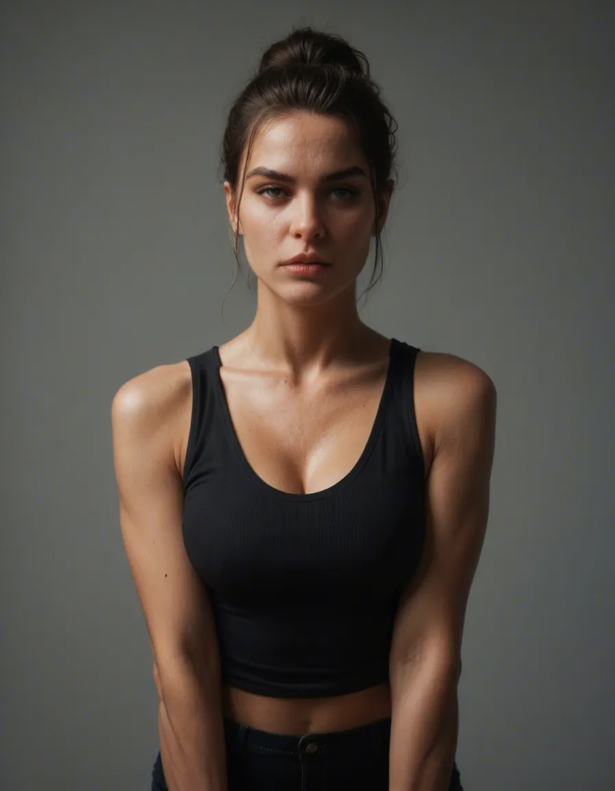 8k, sharp focus, detailed skin, solo, black thighhighs, sleeveless, presenting, dslr quality, score_9, score_8, candid photo, realistic skin texture, visible skin pores, film grain, depth of field