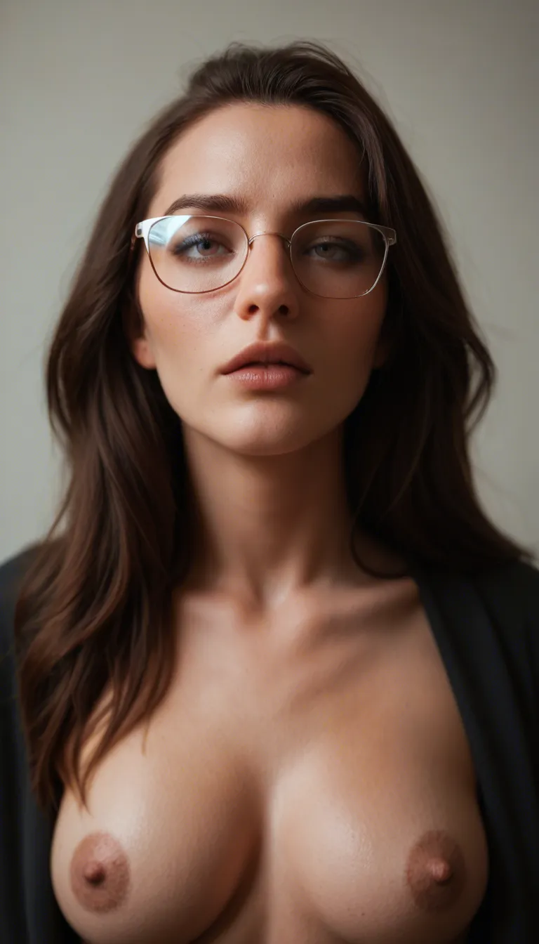 Hot body perky tits brunette hair glasses looking up while sick dick