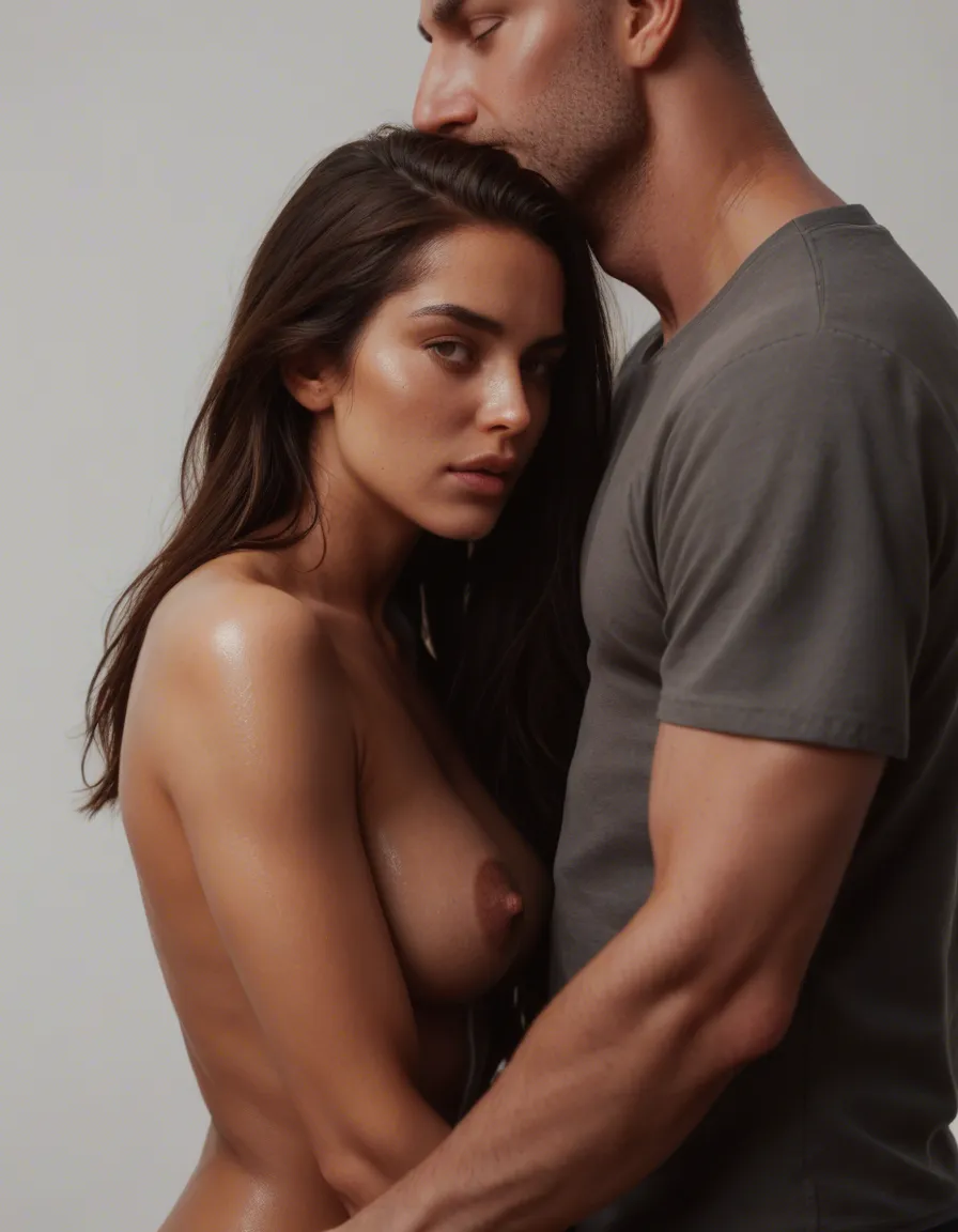 8k, sharp focus, detailed skin, couple, shiny skin, short sleeves, fully nude, white background, cinematic realism, score_9, score_8, candid photo, realistic skin texture, visible skin pores, film grain, depth of field