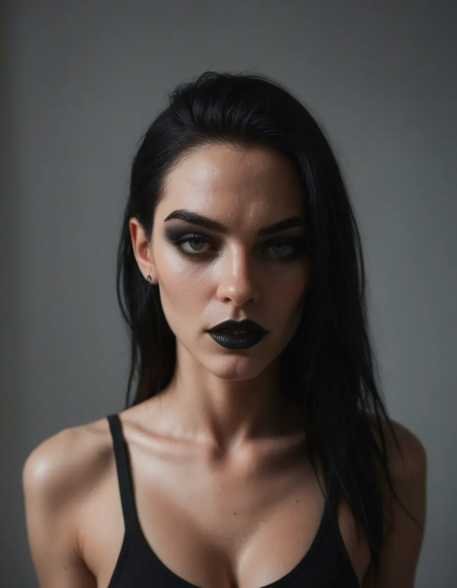 goth girl, 21 years old, long black hair, skinny, 32A, black eyeliner, black lipstick, black fingernails, score_9, score_8, candid photo, realistic skin texture, visible skin pores, film grain, depth of field