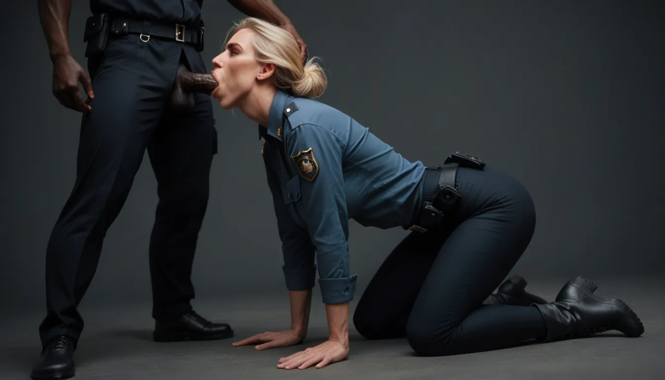 A short blonde mature_female, wearing a police uniform, black uniform pants, and black work boots, kneeling, threesome , giving an interracial deepthroat blowjob to one police officer and a handjob to another police officer. Outside, behind police car. Backlit, photorealistic, sharp focus.