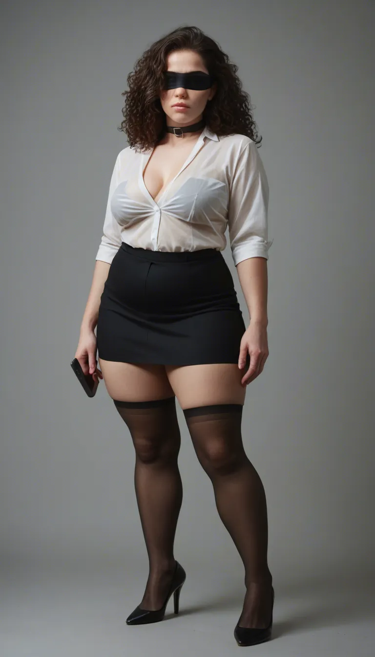 Front view, chubby brunette secretary with curly hair in a pony tail, black strappy high heels, black stay up stockings, black micro skirt, sheer white blouse, standing at attention facing the camera, black collar, black blindfold, score_9, score_8, amateur photo, phone snapshot, realistic skin texture, skin blemishes, soft indoor lighting