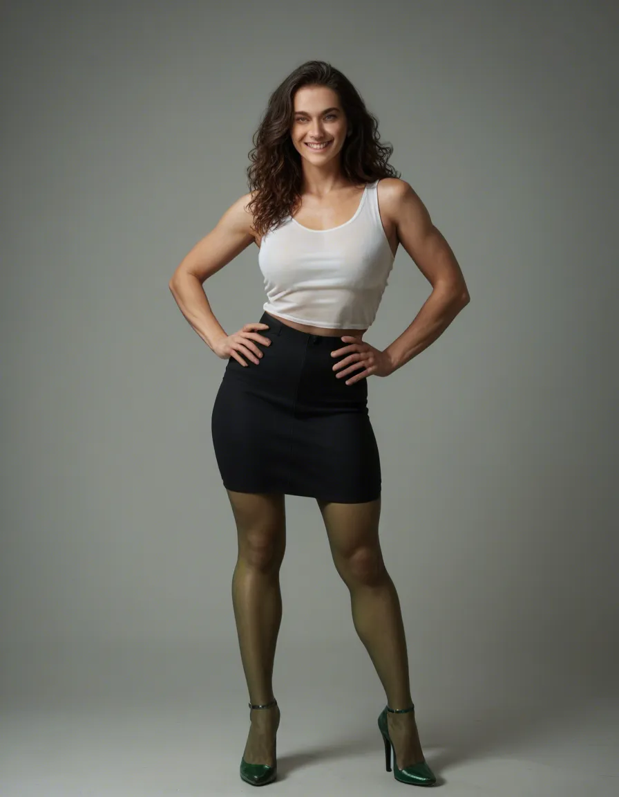 cinematic photo, 8k, of a beautiful woman with long black wavy hair standing wearing a white tank top that is see through and wearing green sheer pantyhose and heeled shoes with a black short skirt both hands on hips smiling standing up, score_9, score_8, candid photo, realistic skin texture, visible skin pores, film grain, depth of field
