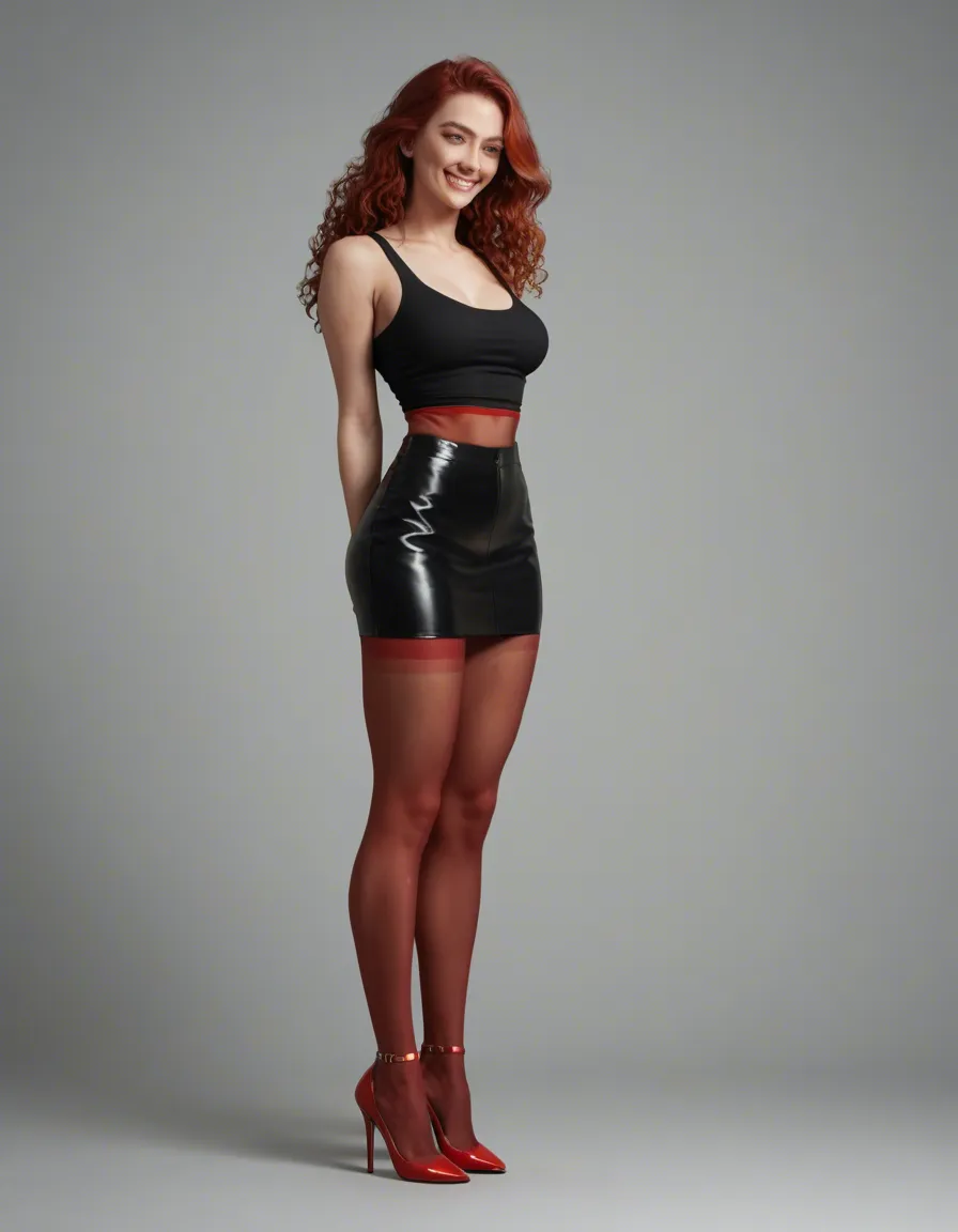sharp focus, 8k uhd, 30 year old standing with long red wavy hair, suculent blue eyes, posing wearing a black tank top full from her breasts and red sheer transparent pantyhose and heels, and a short 3 inch mini skirt   hand behind her back smiling, score_9, score_8, candid photo, realistic skin texture, visible skin pores, film grain, depth of field, score_9, score_8, candid photo, realistic skin texture, visible skin pores, film grain, depth of field