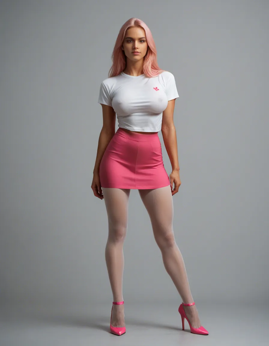best quality, hyperrealistic, fitness model, pink long hair, bow, white transperent shirt extra large breasts almost bursting out of shirt, tan transparent pantyhose and pink high heels, front facing me and a pink skirt length above  pussy score_9, score_8, candid photo, realistic skin texture, visible skin pores, film grain, depth of field, score_9, score_8, candid photo, realistic skin texture, visible skin pores, film grain, depth of field, score_9, score_8, candid photo, realistic skin texture, visible skin pores, film grain, depth of field
