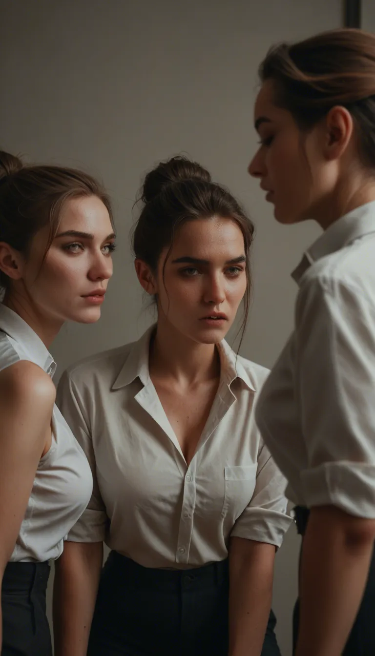 cinematic photo, 8k, 3women, hair bun, collared shirt, orgasm, film photography