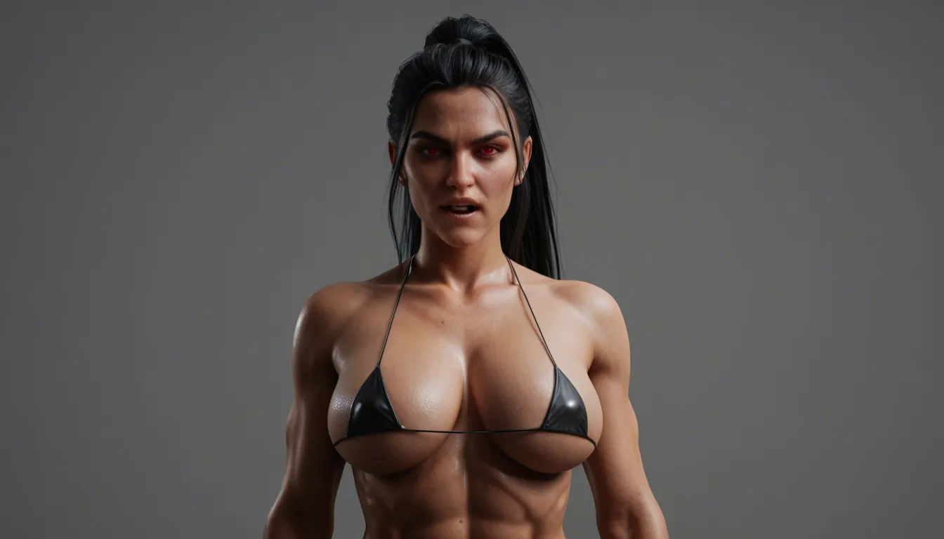 view side busty athletic woman huge breasts kiss turns small weak man into shell, shiny black micro bikini long black hair fringe hairstyle high ponytail almond red eyes evil laugh black stripes with daggers on thighs, big blue shoulder tattoos blue arm and forearm tattoos, dark castle