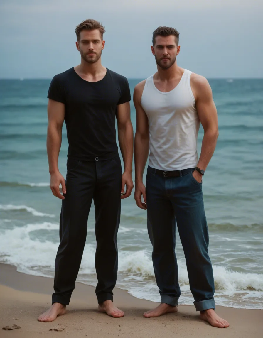 best quality, hyperrealistic, 2boys, collarbone, pants, ahegao, ocean, full body, lifelike render, score_9, score_8, candid photo, realistic skin texture, visible skin pores, film grain, depth of field