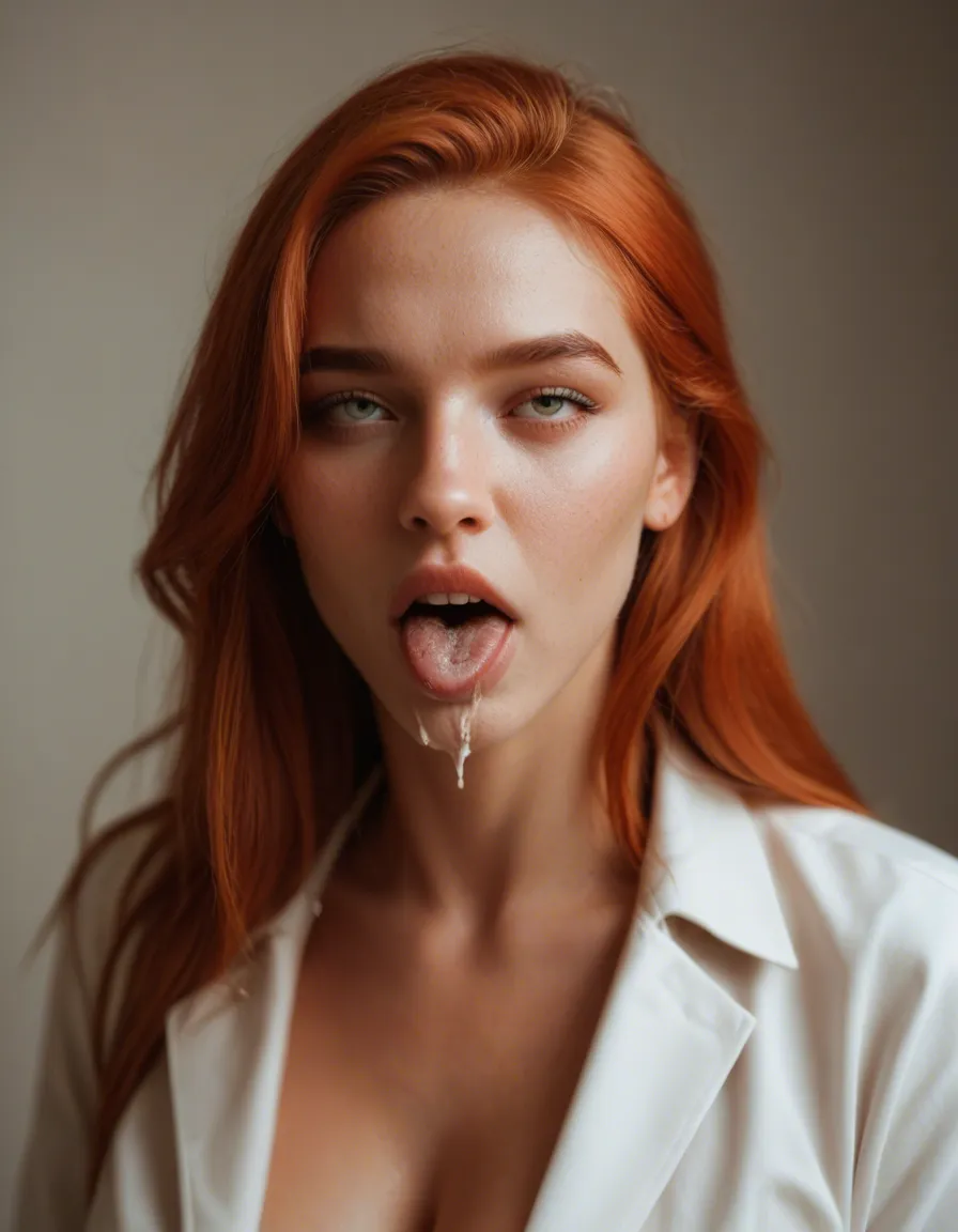 professional photo, high detail, redhead woman, long hair, food, ahegao, cinematic realism, score_9, score_8, candid photo, realistic skin texture, visible skin pores, film grain, depth of field