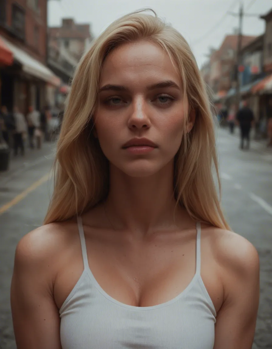 Facefuck in public, blonde_hair, score_9, score_8, candid photo, realistic skin texture, visible skin pores, film grain, depth of field