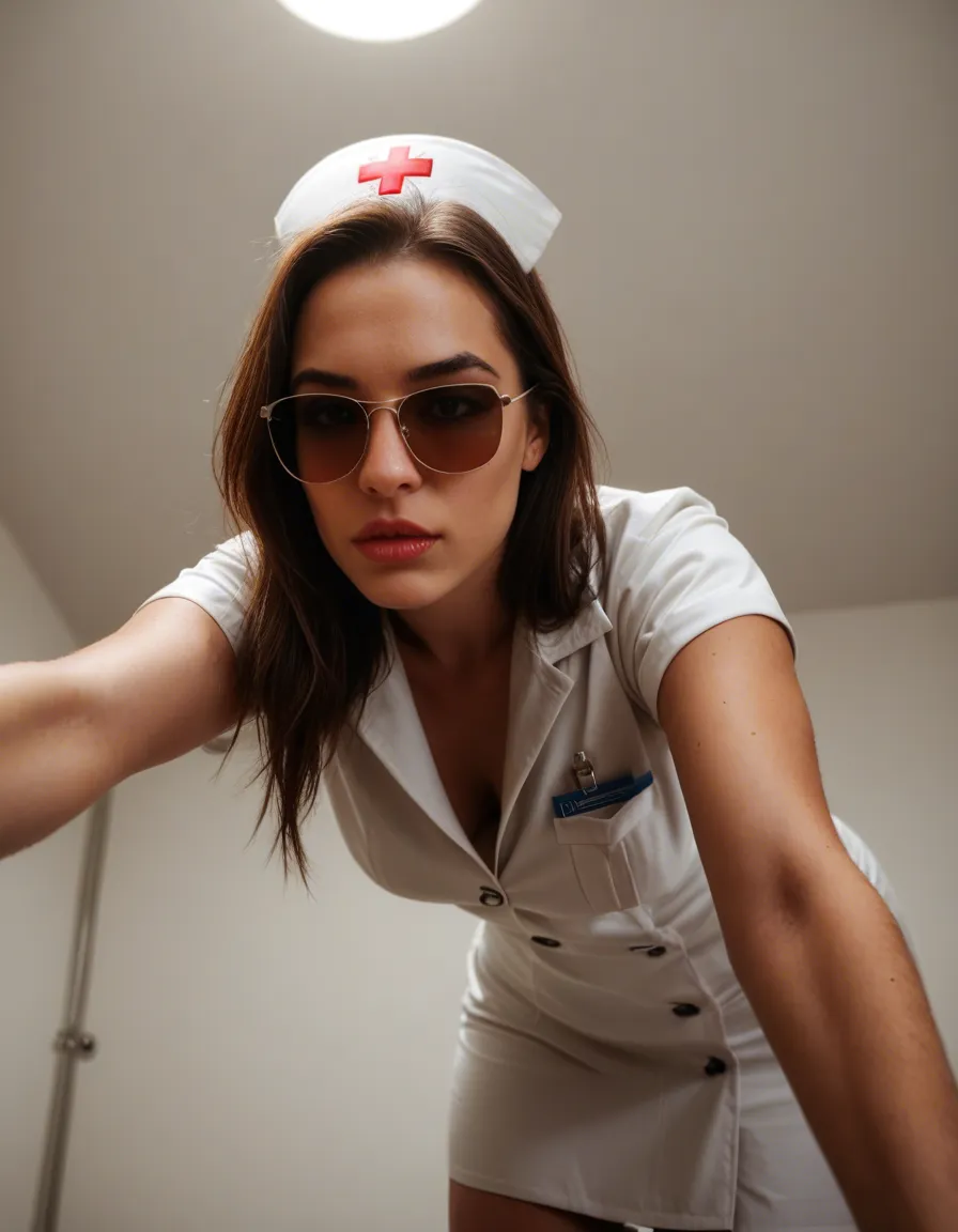 cinematic photo, 8k, low angle, nurse, bent over, sunglasses, simple background, dreamy atmosphere, 8k uhd photo, score_9, score_8, candid photo, realistic skin texture, visible skin pores, film grain, depth of field