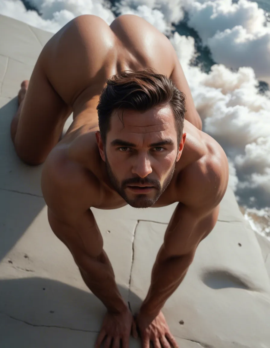 best quality, hyperrealistic, from above, princess, on all fours, muscular male, cloud, film photography, score_9, score_8, candid photo, realistic skin texture, visible skin pores, film grain, depth of field