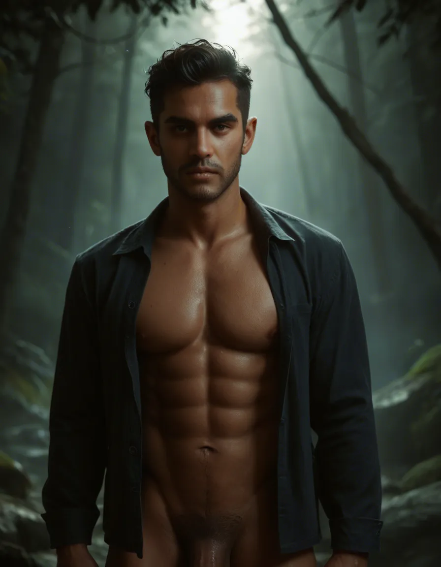highly detailed, natural lighting, male focus, streaked hair, open clothes, presenting, moonlight, film photography, naked, latina, score_9, score_8, candid photo, realistic skin texture, visible skin pores, film grain, depth of field