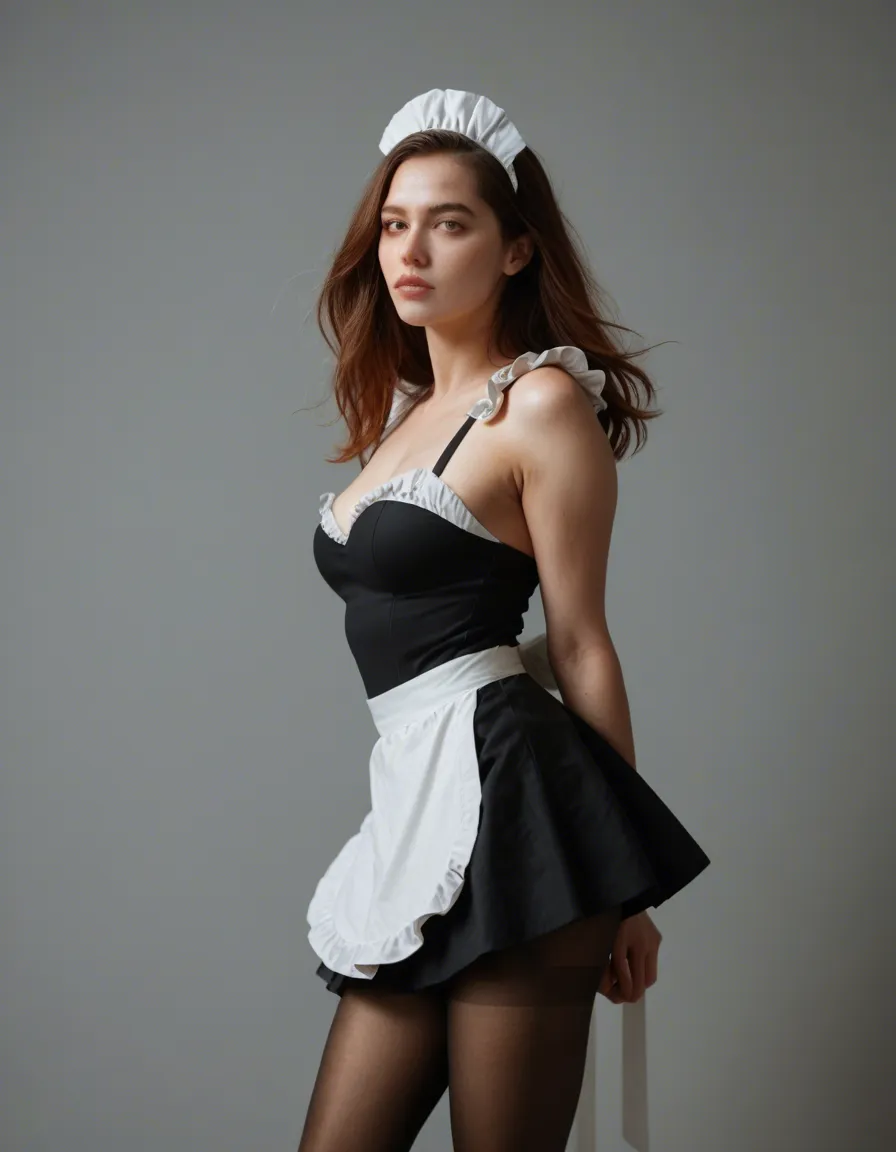 cinematic photo, 8k, maid, floating hair, pantyhose, presenting, studio photo Ino Yamanaka, score_9, score_8, candid photo, realistic skin texture, visible skin pores, film grain, depth of field