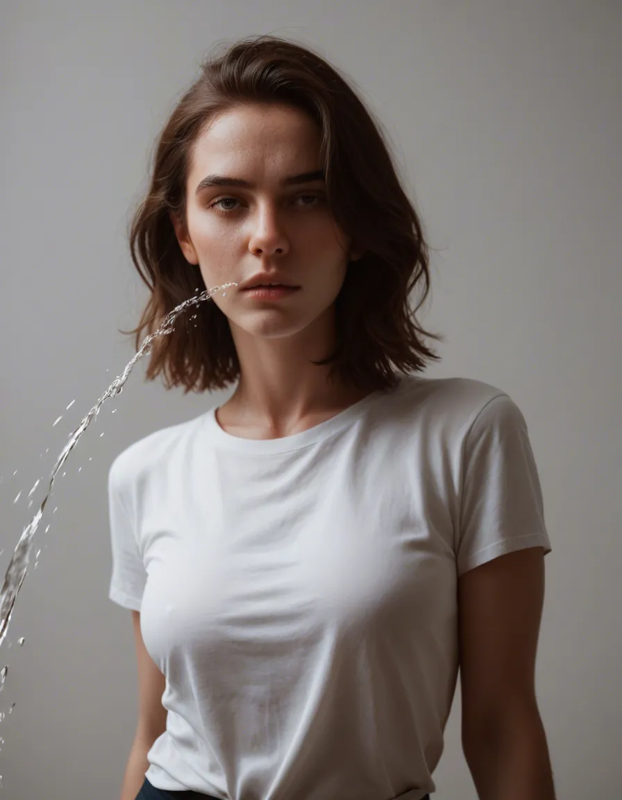 ultra HD, lifelike, solo, medium hair, white shirt, bondage, lifelike render, squirting, score_9, score_8, candid photo, realistic skin texture, visible skin pores, film grain, depth of field