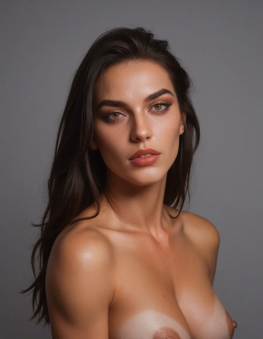 * Tiene el cabello largo, oscuro y liso, que cae hacia los lados del rostro y sobre los hombros.
* Las cejas son oscuras, definidas y bastante marcadas, con una forma arqueada.
* Los ojos están maquillados de manera visible, especialmente alrededor de las pestañas y los párpados.
* La nariz es pequeña y estrecha desde el ángulo en que está tomada la fotografía.
* Los labios son grandes y muy definidos, con un brillo que refleja la luz; llevan un tono rosado/rojizo.
* La piel aparece iluminada con un tono cálido debido a la iluminación ambiental.
* La expresión es seria y tranquila, con la mirada dirigida hacia la cámara.
De rodillas chupando un pene, score_9, score_8, candid photo, realistic skin texture, visible skin pores, film grain, depth of field