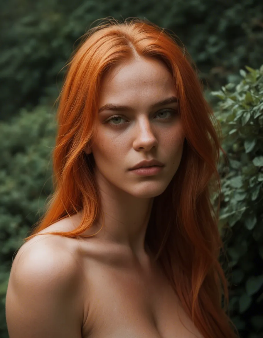 12k, Caucasian, ginger hair, bush, score_9, score_8, candid photo, realistic skin texture, visible skin pores, film grain, depth of field