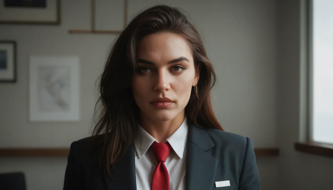 futanari, professional photo, high detail, brunette woman, sidelocks, necktie, futanari, film photography, score_9, score_8, candid photo, realistic skin texture, visible skin pores, film grain, depth of field