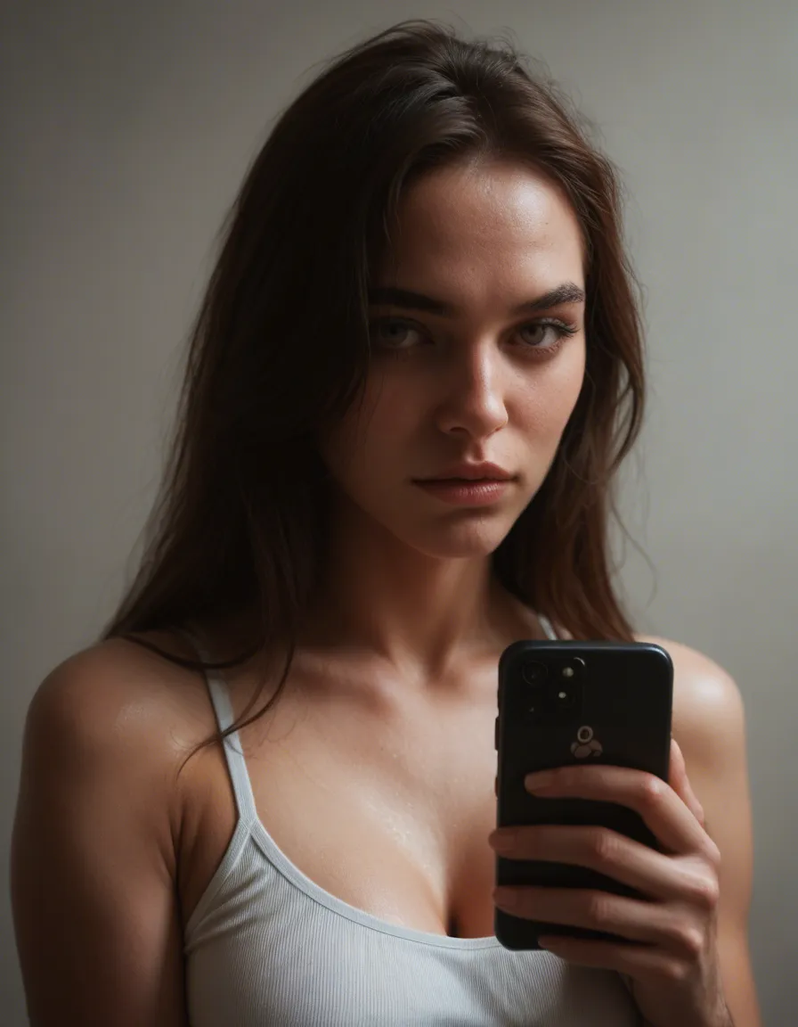 Big boobs long hair sexy athlete, score_9, score_8, amateur photo, phone snapshot, realistic skin texture, skin blemishes, soft indoor lighting