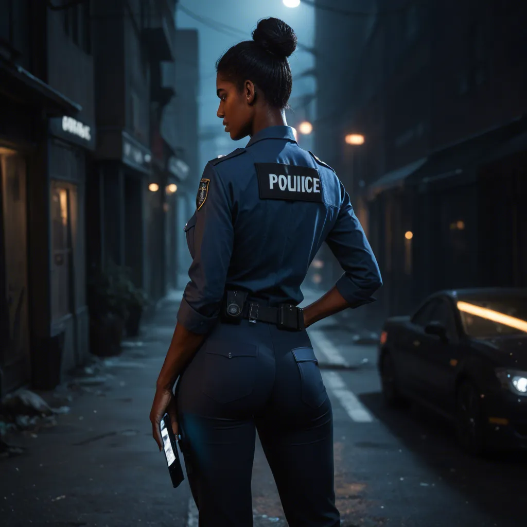 Night, behind police station. Beautiful dark-skinned Indian ((mature_female)), hair in bun, wearing a police uniform, dark uniform pants, and black work boots, giving an interracial deepthroat blowjob to a police officer with a large penis. Her shirt is unbuttoned and her medium breasts are out of her light blue bra. Dramatic lighting, ultra realistic, full body.