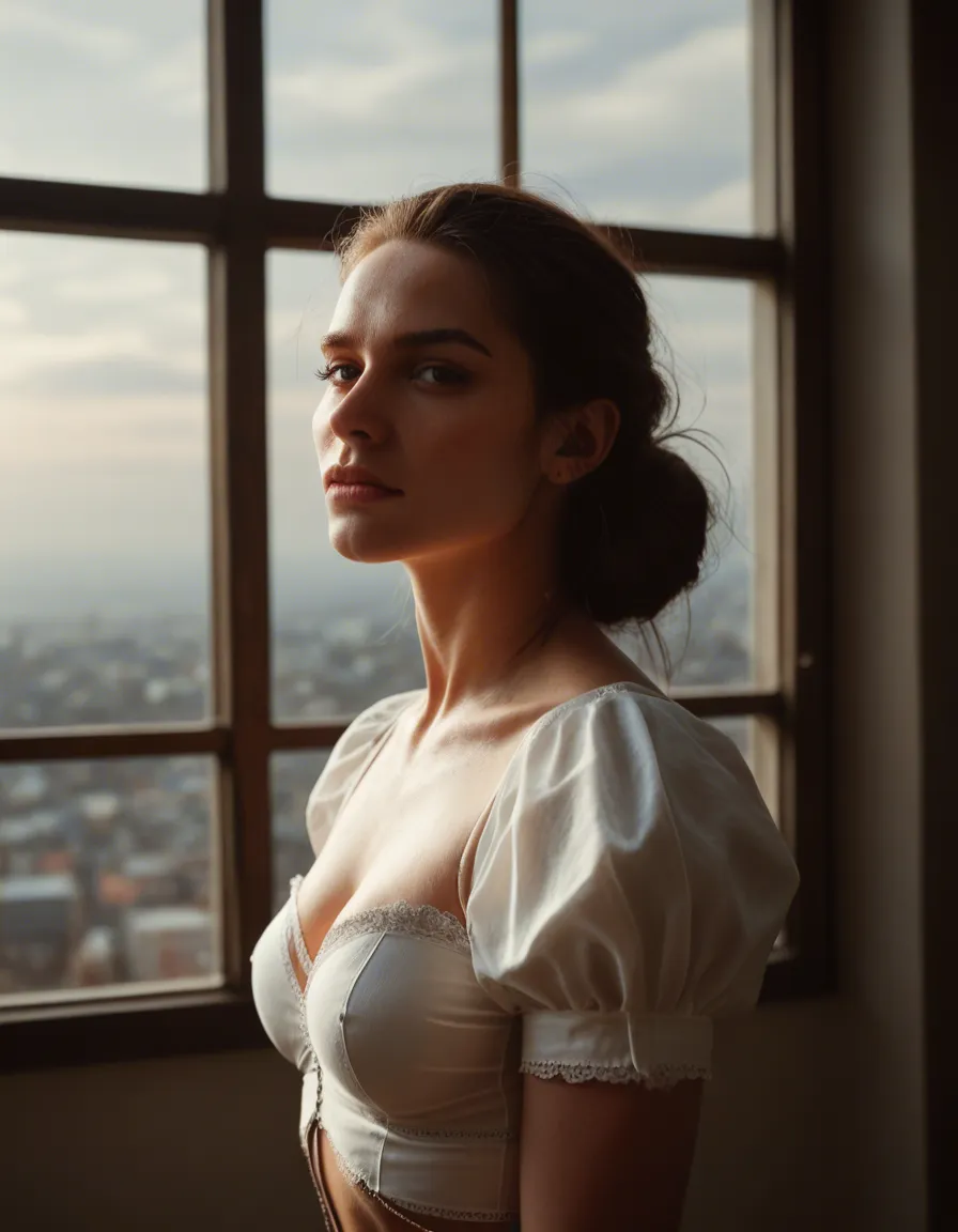 RAW photo, ultra realistic, multiple women, sidelocks, puffy sleeves, bondage, window light, dslr quality, score_9, score_8, candid photo, realistic skin texture, visible skin pores, film grain, depth of field