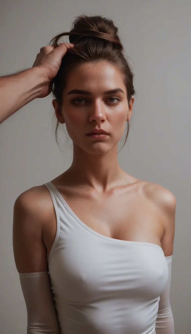 best quality, hyperrealistic, solo focus, hair bun, elbow gloves, hair pull, dslr quality